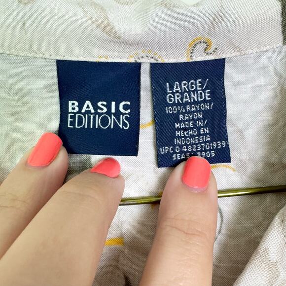 Basic Edition VINTAGE tan white floral Rayon button up short sleeve blouse LARGE - Picture 4 of 6